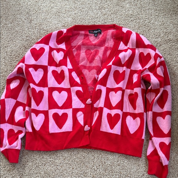 33 Degrees Sweaters - Red and Pink Heart-Print Button-Front Cardigan